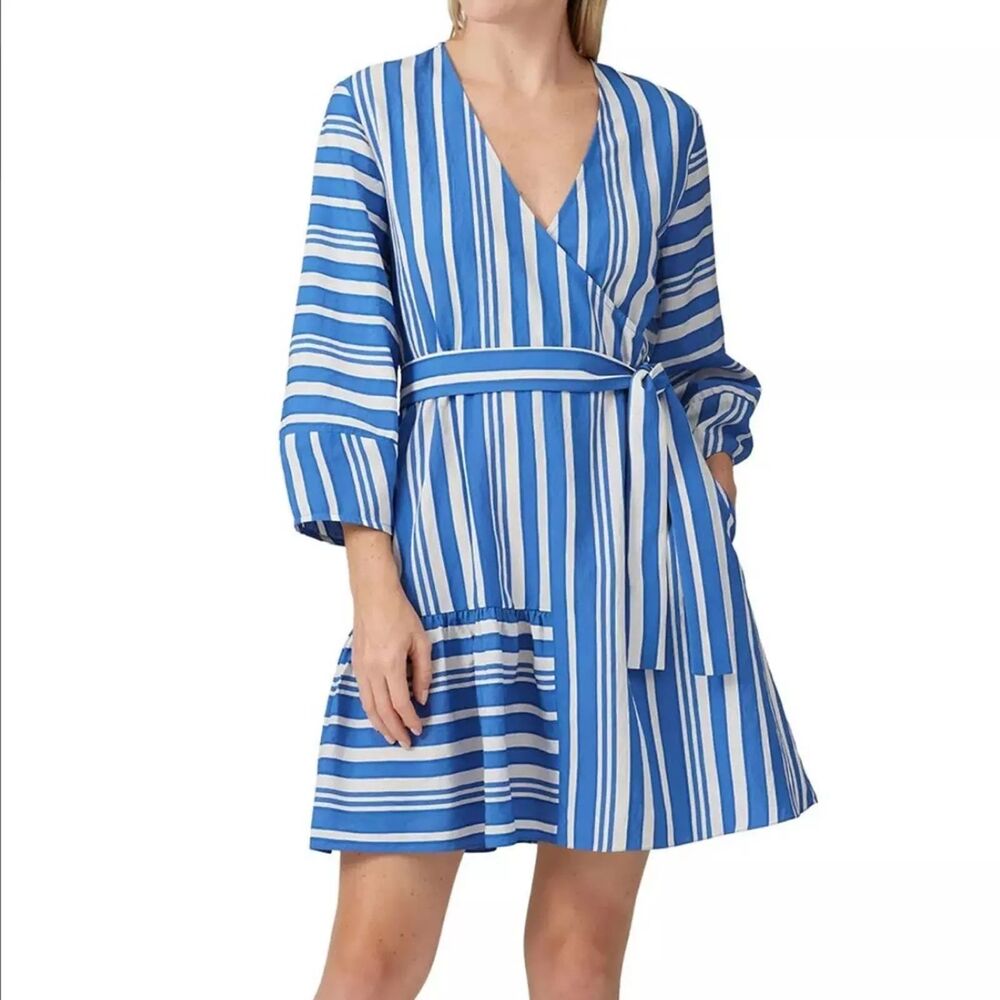 CHINTI & PARKER Striped Parasol Dress US 4 Blue White V-Neck Faux Wrap Mini B23